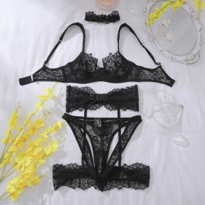 Set lenjerie intima sexy din dantela cu portjartier si choker, negru, 5 piese #ZZ4670 - Img 9