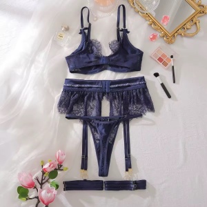Set lenjerie intima sexy din dantela cu strasuri aplicate, albastru, 4 piese #ZZ4637 - Img 10
