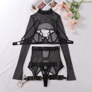 Set lenjerie intima sexy din dantela elastica tip plasa, negru, 5 piese #ZZ4189 - Img 7