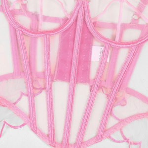 Set lenjerie intima sexy din dantela fina cu corset si chilot, roz, 2 piese #ZZ4382 - Img 10