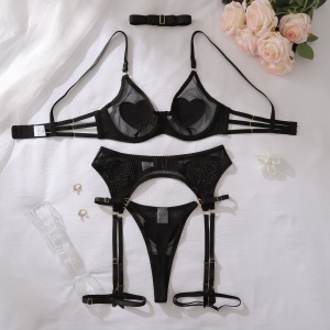 Set lenjerie intima sexy din dantela fina cu inimi aplicate, negru, 5 piese #ZZ4672 - Img 8