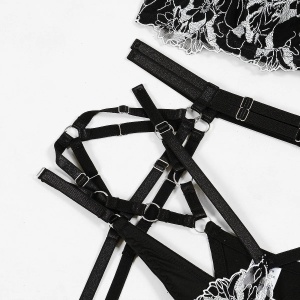 Set lenjerie intima sexy din dantela neagra brodata, negru/alb, 5 piese #ZZ4949 - Img 10
