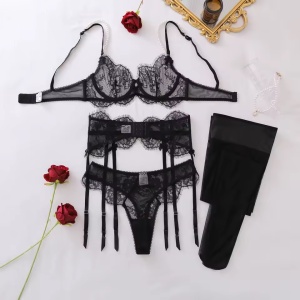 Set lenjerie intima sexy din dantela, perle dcorative , ciorapi, 4 piese, negru #ZZ4468 - Img 7