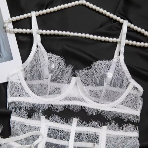 Set lenjerie intima sexy din dantela si tulle, alb, 4 piese #ZZ4013 - Img 6