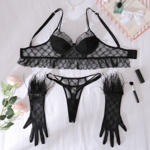 Set lenjerie intima sexy din dantelată brodată cu mănuși, negru, 3 piese #ZZ4263 - Img 8
