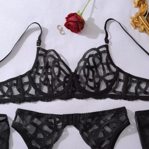 Set lenjerie intima sexy din dantelată brodată cu mănuși, negru, 5 piese #ZZ4398 - Img 8