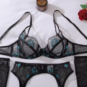 Set lenjerie intima sexy din dantelată brodată cu mănuși și ciorapi, negru, 5 piese #ZZ4295 - Img 8