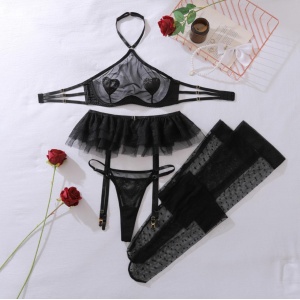 Set lenjerie intima sexy din dantelată brodată și tul, cu ciorapi înalți, negru, 4 piese #ZZ4001 - Img 3