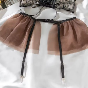 Set lenjerie intima sexy din dantelată brodată și tul, nude/ negru, 4 piese #ZZ4498 - Img 12