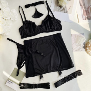Set lenjerie intima sexy din material satinat si inserii de dantela fina elastica, negru, 5 piese #ZZ4067 - Img 8