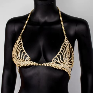 Set lenjerie intima sexy tip body chain din sutien si slip cu cristale, auriu, 2 piese #ZZ4441 - Img 6