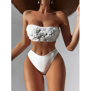🔥Oferta zilei🔥Costum de baie 2 piese, sutien tip bustiera cu trandafiri decorativi, alb #ZZ2007 - Img 3