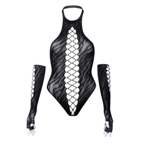 🔥Oferta zilei🔥Set lenjerie intima sexy elastica cu body si manusi, negru, 2 piese #ZZ4509 - Img 8