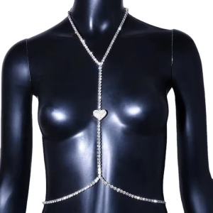 Body chain cu inimioara si cristale pentru decolteu, argintiu #ZZ4451 - Img 6