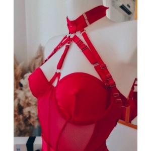 Body sexy cu benzi, catarame decorative, accesoriu talie cu portjartier, rosu, 3 piese #ZZ4960 - Img 9
