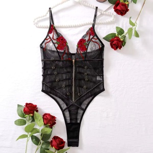 Body sexy din dantela cu broderie florala la cupe si fermoar functional, negru, #ZZ4093 - Img 9