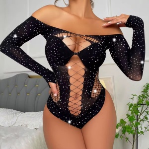 Body sexy elastic cu decolteu adânc și cristale decorative, negru #ZZ4076 - Img 4