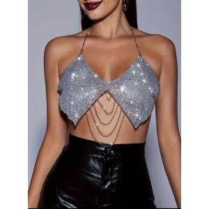 Bustiera metalica tip body chain cu lanturi decorative, argintiu #ZZ4447 - Img 5
