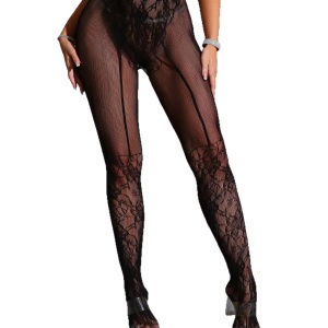 Ciorapi sexy tip dres din plasa fina elastica cu model brodat si decupaj, negru #ZZ4125 - Img 4