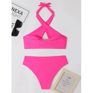 Costum de baie 2 cu catarame metalice aurii la slip si sutien, roz neon #ZZ2112 - Img 7
