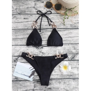Costum de baie 2 pies cu lanturi aurii decorative, negru #ZZ2856 - Img 3