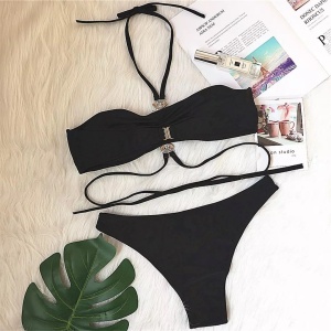 Costum de baie 2 piese, accesoriu detasabil cu cristale, negru #ZZ2749 - Img 11