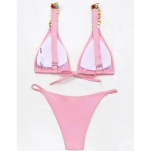 Costum de baie 2 piese, cristale colorate la sutien, roz #ZZ2857 - Img 5