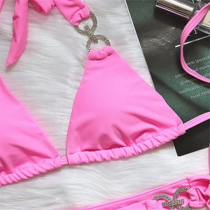 Costum de baie 2 piese, cristale decorative si slip reglabil, roz fucsia #ZZ2843 - Img 6