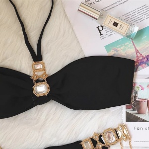 Costum de baie 2 piese cu accesorii metalice si cristale decorative, negru #ZZ2881 - Img 10