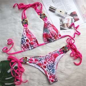 Costum de baie 2 piese cu cristale decorative la sutien, imprimeu sarpe, roz #ZZ2910 - Img 7