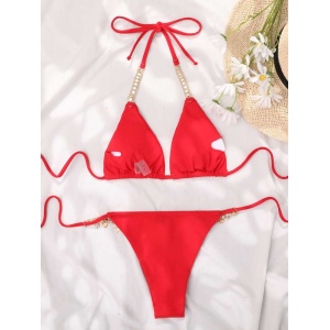 Costum de baie 2 piese cu cristale decorative, rosu #ZZ2715 - Img 4