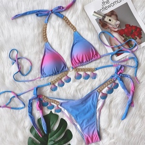 Costum de baie 2 piese cu cristale si scoici decorative, albastru/ roz #ZZ2725 - Img 10