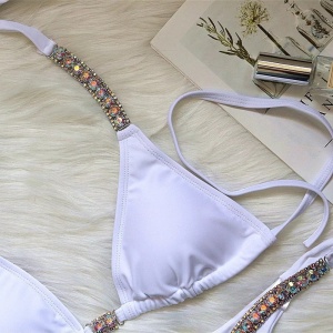 Costum de baie 2 piese cu elemente metalice si cristale decorative la slip si sutien, alb #ZZ2918 - Img 7