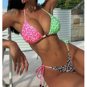 Costum de baie 2 piese cu imprimeu leopard si slip reglabil, multicolor #ZZ2030