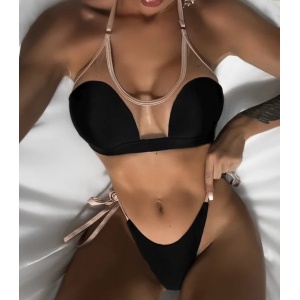 Costum de baie 2 piese cu insertii de tul nude la sutien, slip reglabil, negru #ZZ2809