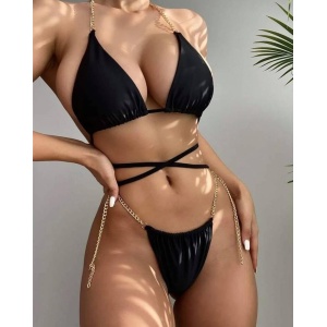Costum de baie 2 piese cu lantisoare metalice decorative, negru #ZZ2727