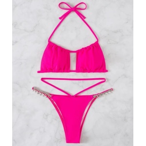 Costum de baie 2 piese cu lantisoare metalice decorative, roz fucsia #ZZ2927 - Img 3
