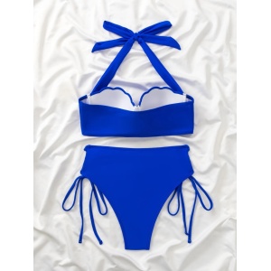 Costum de baie 2 piese cu push-up, slip cu taile inalta si șnururi laterale, albastru #ZZ2828 - Img 5