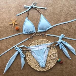Costum de baie 2 piese cu slip reglabil si cristale decorative, bleu #ZZ2837 - Img 6