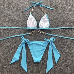 Costum de baie 2 piese cu slip reglabil si cristale decorative, turcoaz #ZZ2834 - Img 6