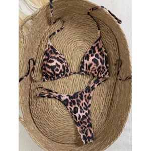 Costum de baie 2 piese cu slip tanga, cristale decorative, animal print, maro/ negru #ZZ2018 - Img 3