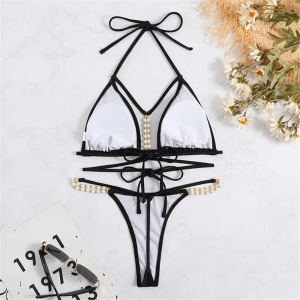 Costum de baie 2 piese cu slip tanga si perle decorative, negru #ZZ2774 - Img 7