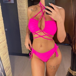 Costum de baie 2 piese cu snururi reglabile pa slip si sutien, roz fucsia #ZZ2799 - Img 6