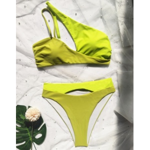 Costum de baie 2 piese cu sutien pe un umar si slip cu talie inalta, verde neon #ZZ2717 - Img 5