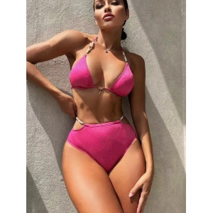 Costum de baie 2 piese cu talie inalta, decupaje laterale si perle decorative, roz neon #ZZ2892