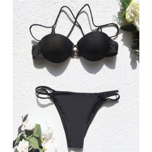 Costum de baie 2 piese, cupe tari buretate si bretelute decorative, negru #ZZ2786 - Img 3