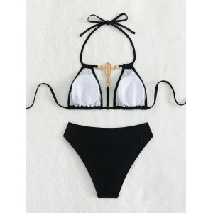 Costum de baie 2 piese lucios, imprimeu sarpe si accesoriu cu cristale la sutien, negru #ZZ2022 - Img 4
