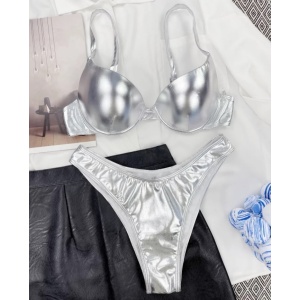 Costum de baie 2 piese metalizat cu cupe tari, buretate, argintiu #ZZ2801 - Img 2