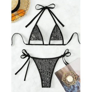 Costum de baie 2 piese metalizat cu decupaje la sutien si paiete aplicate, argintiu/ negru #ZZ2118 - Img 3