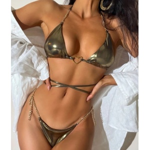 Costum de baie 2 piese metalizat cu inimioara si lanturi decorative, auriu #ZZ2747 - Img 3